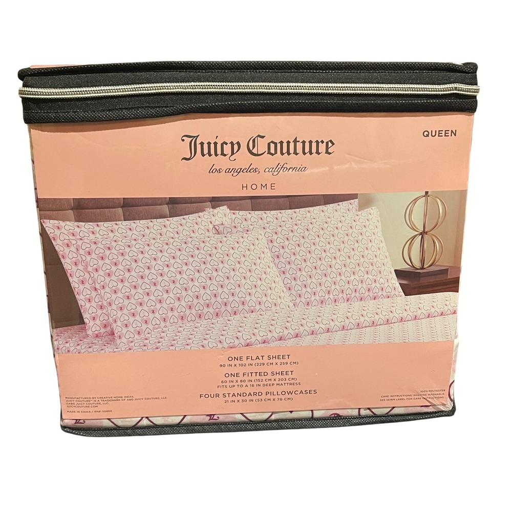 Juicy Couture Queen Sheet Set Heart Print Flat Fitted‎ Pillowcases NEW